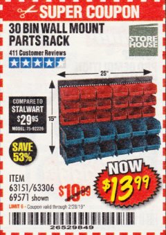 Harbor Freight Coupon 30 BIN WALL MOUNT PARTS RACK Lot No. 62198/69571/65889/63151/63306 Expired: 2/28/19 - $13.99