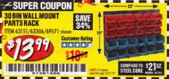 Harbor Freight Coupon 30 BIN WALL MOUNT PARTS RACK Lot No. 62198/69571/65889/63151/63306 Expired: 5/31/19 - $13.99