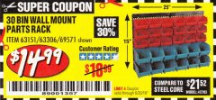 Harbor Freight Coupon 30 BIN WALL MOUNT PARTS RACK Lot No. 62198/69571/65889/63151/63306 Expired: 6/30/19 - $14.99