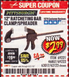 Harbor Freight Coupon 12" RATCHET BAR CLAMP/SPREADER Lot No. 46807/68975/69221/69222/62123/63017 Expired: 8/31/19 - $2.99