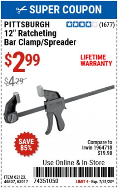 Harbor Freight Coupon 12" RATCHET BAR CLAMP/SPREADER Lot No. 46807/68975/69221/69222/62123/63017 Expired: 7/31/20 - $2.99