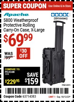 Harbor Freight Coupon APACHE 5800 ROLLER CARRY ON CASE Lot No. 64819 Expired: 10/12/23 - $69.99