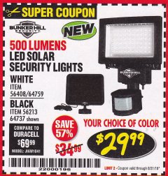 Harbor Freight Coupon 500 LUMENS LED SOLAR SECURITY LIGHT Lot No. 56408/64759/56213/64737 Expired: 8/31/19 - $29.99