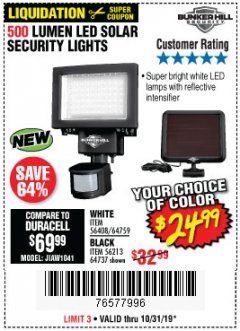 Harbor Freight Coupon 500 LUMENS LED SOLAR SECURITY LIGHT Lot No. 56408/64759/56213/64737 Expired: 10/31/19 - $24.99