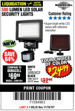 Harbor Freight Coupon 500 LUMENS LED SOLAR SECURITY LIGHT Lot No. 56408/64759/56213/64737 Expired: 11/10/19 - $24.99