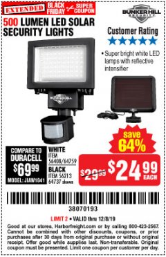 Harbor Freight Coupon 500 LUMENS LED SOLAR SECURITY LIGHT Lot No. 56408/64759/56213/64737 Expired: 12/8/19 - $24.99