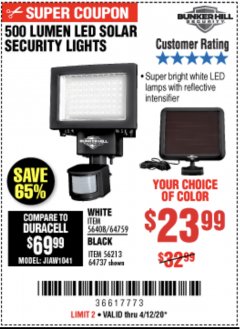 Harbor Freight Coupon 500 LUMENS LED SOLAR SECURITY LIGHT Lot No. 56408/64759/56213/64737 Expired: 6/30/20 - $23.99