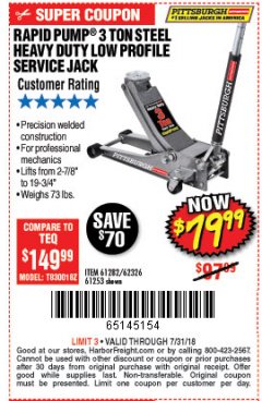 Harbor Freight Coupon RAPID PUMP 3 TON LOW PROFILE HEAVY DUTY STEEL FLOOR JACK Lot No. 64264/64266/64879/64881/61282/62326/61253 Expired: 7/31/18 - $79.99