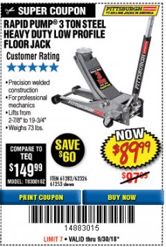 Harbor Freight Coupon RAPID PUMP 3 TON LOW PROFILE HEAVY DUTY STEEL FLOOR JACK Lot No. 64264/64266/64879/64881/61282/62326/61253 Expired: 9/30/18 - $89.99