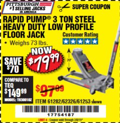Harbor Freight Coupon RAPID PUMP 3 TON LOW PROFILE HEAVY DUTY STEEL FLOOR JACK Lot No. 64264/64266/64879/64881/61282/62326/61253 Expired: 2/8/19 - $79.99