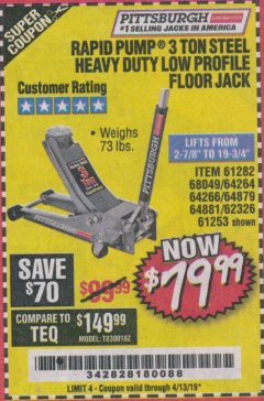Harbor Freight Coupon RAPID PUMP 3 TON LOW PROFILE HEAVY DUTY STEEL FLOOR JACK Lot No. 64264/64266/64879/64881/61282/62326/61253 Expired: 4/13/19 - $79.99