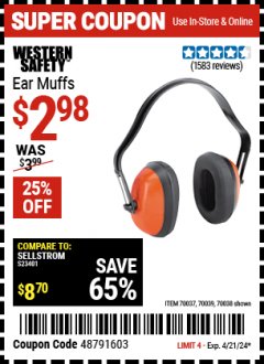 Harbor Freight Coupon INDUSTRIAL EAR MUFFS Lot No. 70037/70039/70038 Expired: 4/21/24 - $2.98