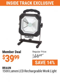 Harbor Freight ITC Coupon BRAUN 1500 LUMENS LED RECHARGEABLE WORK LIGHT Lot No. 64078 Expired: 5/31/21 - $39.99