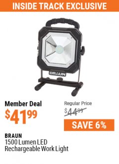 Harbor Freight ITC Coupon BRAUN 1500 LUMENS LED RECHARGEABLE WORK LIGHT Lot No. 64078 Expired: 7/29/21 - $41.99