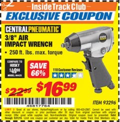 Harbor Freight ITC Coupon 3/8" AIR IMPACT WRENCH Lot No. 93296 Expired: 5/31/19 - $16.99
