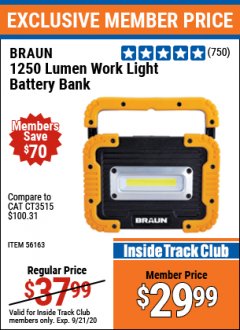 Harbor Freight ITC Coupon 1250 LUMEN RECHARGEABLE WORK LIGHT BATTERY BANK Lot No. 56163 Expired: 9/21/20 - $29.99