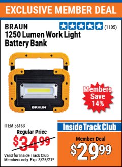 Harbor Freight ITC Coupon 1250 LUMEN RECHARGEABLE WORK LIGHT BATTERY BANK Lot No. 56163 Expired: 3/25/21 - $29.99