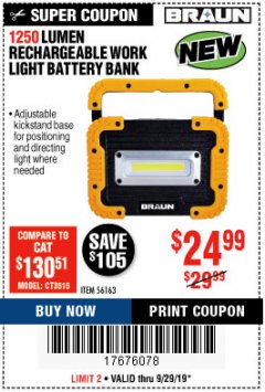 Harbor Freight Coupon 1250 LUMEN RECHARGEABLE WORK LIGHT BATTERY BANK Lot No. 56163 Expired: 9/29/19 - $24.99