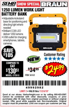 Harbor Freight Coupon 1250 LUMEN RECHARGEABLE WORK LIGHT BATTERY BANK Lot No. 56163 Expired: 11/24/19 - $24.99
