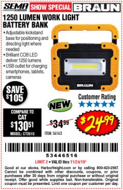 Harbor Freight Coupon 1250 LUMEN RECHARGEABLE WORK LIGHT BATTERY BANK Lot No. 56163 Expired: 11/24/19 - $24.99