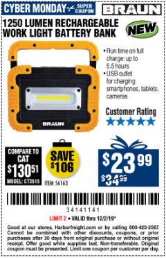 Harbor Freight Coupon 1250 LUMEN RECHARGEABLE WORK LIGHT BATTERY BANK Lot No. 56163 Expired: 12/2/19 - $23.99