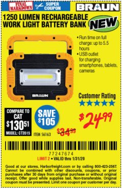 Harbor Freight Coupon 1250 LUMEN RECHARGEABLE WORK LIGHT BATTERY BANK Lot No. 56163 Expired: 1/31/20 - $24.99