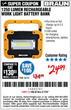 Harbor Freight Coupon 1250 LUMEN RECHARGEABLE WORK LIGHT BATTERY BANK Lot No. 56163 Expired: 2/7/20 - $24.99