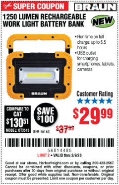 Harbor Freight Coupon 1250 LUMEN RECHARGEABLE WORK LIGHT BATTERY BANK Lot No. 56163 Expired: 2/9/20 - $29.99