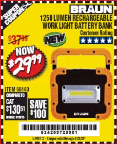 Harbor Freight Coupon 1250 LUMEN RECHARGEABLE WORK LIGHT BATTERY BANK Lot No. 56163 Expired: 6/30/20 - $29.99