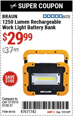 Harbor Freight Coupon 1250 LUMEN RECHARGEABLE WORK LIGHT BATTERY BANK Lot No. 56163 Expired: 7/31/20 - $29.99