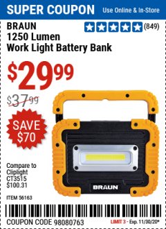 Harbor Freight Coupon 1250 LUMEN RECHARGEABLE WORK LIGHT BATTERY BANK Lot No. 56163 Expired: 11/30/20 - $29.99