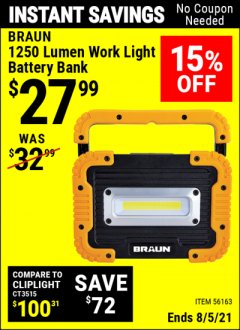 Harbor Freight Coupon 1250 LUMEN RECHARGEABLE WORK LIGHT BATTERY BANK Lot No. 56163 Expired: 8/5/21 - $27.99