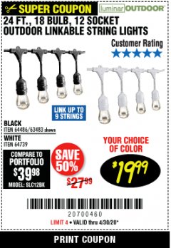 Harbor Freight Coupon 24 FT., 18 BULB, 12 SOCKET OUTDOOR LINKABLE STRING LIGHTS Lot No. 64486/63483 Expired: 6/30/20 - $19.99