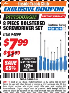 Harbor Freight ITC Coupon 8 PIECE BOLSTERED SCREWDRIVER SET Lot No. 94899 Expired: 11/30/18 - $7.99