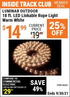 Harbor Freight ITC Coupon LUMINAR OUTDOOR 18 FT. PLUG IN ROPE LIGHT Lot No. 56423 Expired: 9/30/21 - $14.99