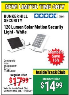 Harbor Freight ITC Coupon 120 LUMEN SOLAR MOTION SECURITY LIGHTS Lot No. 64732, 64733, 64735, 64736 Expired: 11/25/20 - $14.99
