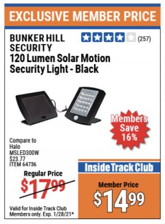 Harbor Freight ITC Coupon 120 LUMEN SOLAR MOTION SECURITY LIGHTS Lot No. 64732, 64733, 64735, 64736 Expired: 1/28/21 - $14.99