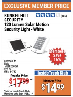 Harbor Freight ITC Coupon 120 LUMEN SOLAR MOTION SECURITY LIGHTS Lot No. 64732, 64733, 64735, 64736 Expired: 1/28/21 - $14.99