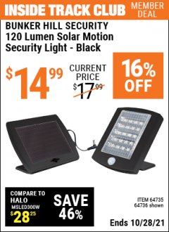 Harbor Freight ITC Coupon 120 LUMEN SOLAR MOTION SECURITY LIGHTS Lot No. 64732, 64733, 64735, 64736 Expired: 10/28/21 - $14.99