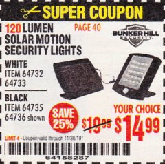 Harbor Freight Coupon 120 LUMEN SOLAR MOTION SECURITY LIGHTS Lot No. 64732, 64733, 64735, 64736 Expired: 11/30/19 - $14.99