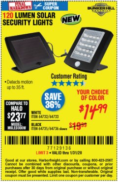 Harbor Freight Coupon 120 LUMEN SOLAR MOTION SECURITY LIGHTS Lot No. 64732, 64733, 64735, 64736 Expired: 1/31/20 - $14.99