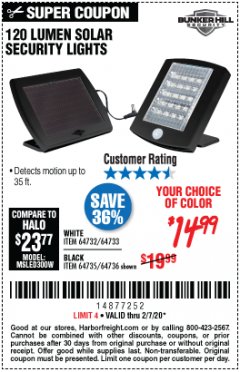 Harbor Freight Coupon 120 LUMEN SOLAR MOTION SECURITY LIGHTS Lot No. 64732, 64733, 64735, 64736 Expired: 2/7/20 - $14.99