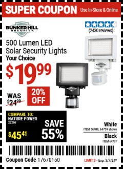 Harbor Freight Coupon 500 LUMEN LED SOLAR SECURITY LIGHTS Lot No. 56408/64759/56213/64737 Expired: 3/7/24 - $19.99