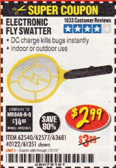 Harbor Freight Coupon ELECTRIC FLY SWATTER Lot No. 61351/40122/62540/62577 Expired: 7/31/19 - $2.99