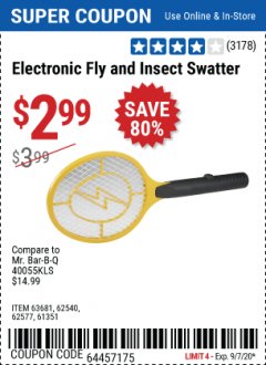 Harbor Freight Coupon ELECTRIC FLY SWATTER Lot No. 61351/40122/62540/62577 Expired: 9/7/20 - $2.99
