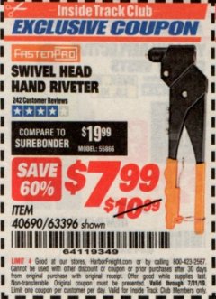 Harbor Freight ITC Coupon SWIVEL HEAD HAND RIVETER Lot No. 63396 Expired: 7/31/19 - $7.99