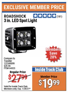 Harbor Freight ITC Coupon 3 IN. LED SPOT LIGHT Lot No. 64323 Expired: 1/28/21 - $19.99