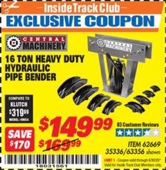 Harbor Freight ITC Coupon 16 TON HYDRAULIC PIPE BENDER Lot No. 35336/62669 Expired: 6/30/20 - $149.99
