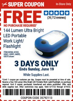 Harbor Freight FREE Coupon ULTRA BRIGHT LED FLASHLIGHT Lot No. 35564 Expired: 6/19/22 - NPR