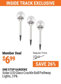 Harbor Freight ITC Coupon ONE STOP GARDENS SOLAR LED GLASS CRACKLE BALL PATHWAY LIGHTS, 3 PK. Lot No. 63482 Expired: 5/31/21 - $6.99